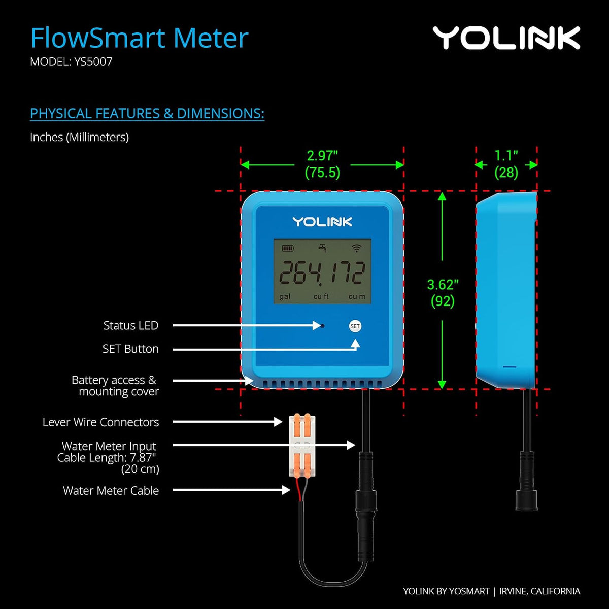 Flowsmart NSF Water Meter, Smart Water Usage Monitor and Water Leak Detection: 0.75 Inch Advanced Smart Home Water Meter, Hub Included, YS1603+YS5007