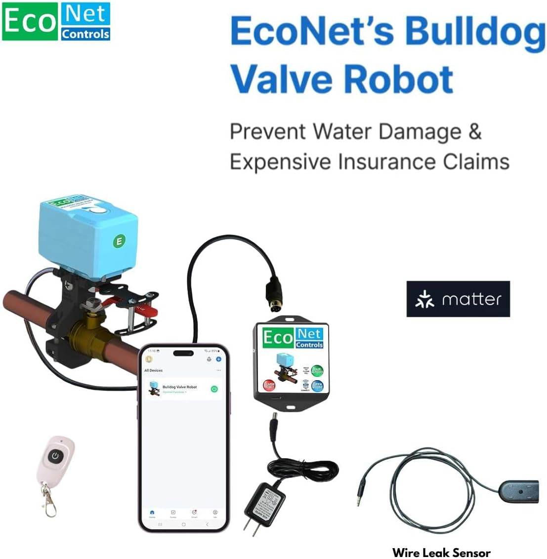 EVC400-MW-WLS1M Bulldog Matter Wifi Valve Robot with Wired Leak Sensor, Smart Water Shutoff Valve, No Hub Required, Easy DIY Install, Fits up to 1.5" Valves