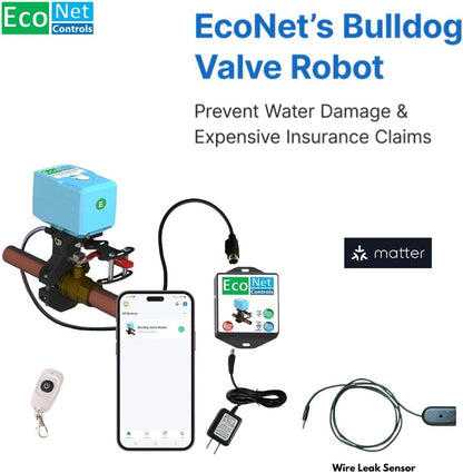 EVC400-MW-WLS1M Bulldog Matter Wifi Valve Robot with Wired Leak Sensor, Smart Water Shutoff Valve, No Hub Required, Easy DIY Install, Fits up to 1.5" Valves