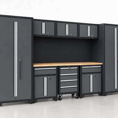 Garage Storage Cabinet Set Built to Organize, 9-Piece Steel System, Workbench Included, 150 lb Shelf Capacity
