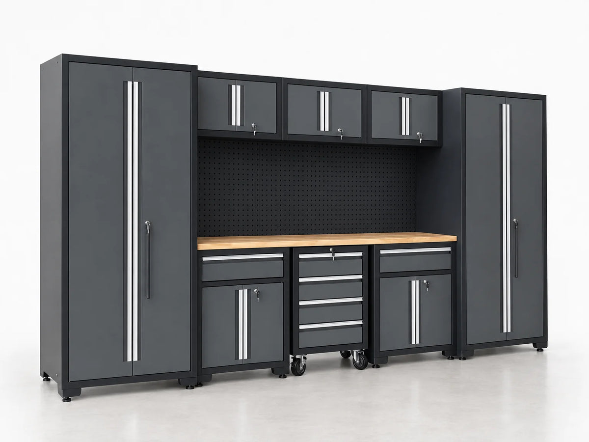 Garage Storage Cabinet Set Built to Organize, 9-Piece Steel System, Workbench Included, 150 lb Shelf Capacity