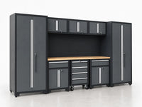 Garage Storage Cabinet Set Built to Organize, 9-Piece Steel System, Workbench Included, 150 lb Shelf Capacity