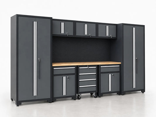 Garage Storage Cabinet Set Built to Organize, 9-Piece Steel System, Workbench Included, 150 lb Shelf Capacity