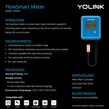 Flowsmart NSF Water Meter, Smart Water Usage Monitor and Water Leak Detection: 0.75 Inch Advanced Smart Home Water Meter, Hub Included, YS1603+YS5007